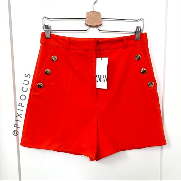 ZARA High Waisted Bermuda Shorts Red Orange - Picture 2 of 5